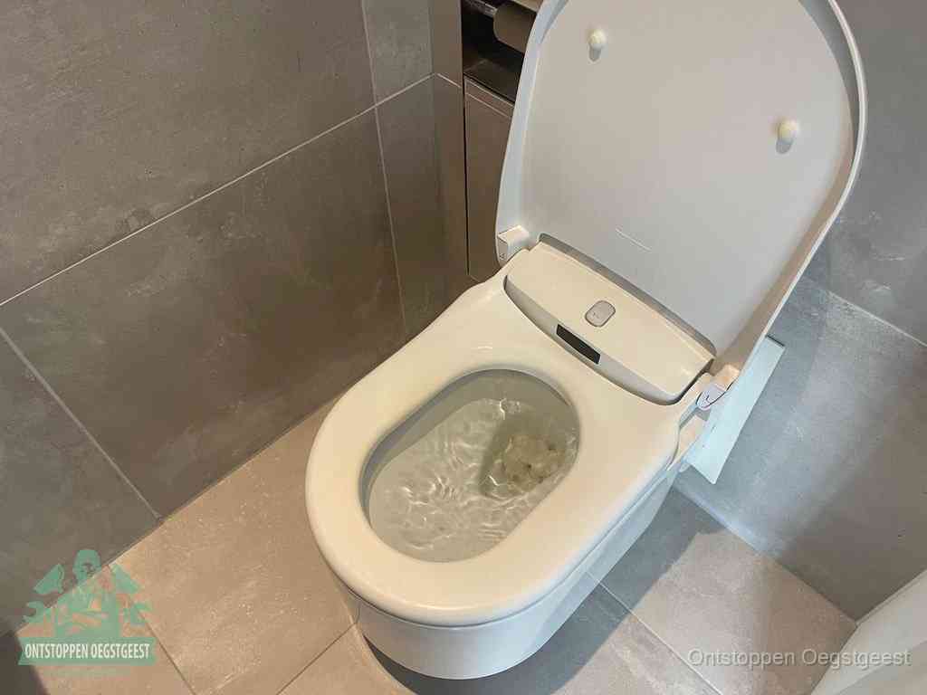 Een toiletpot vol troebel water met drijvend papier en restanten, de meest voorkomende oorzaak van een verstopte wc in Oegstgeest