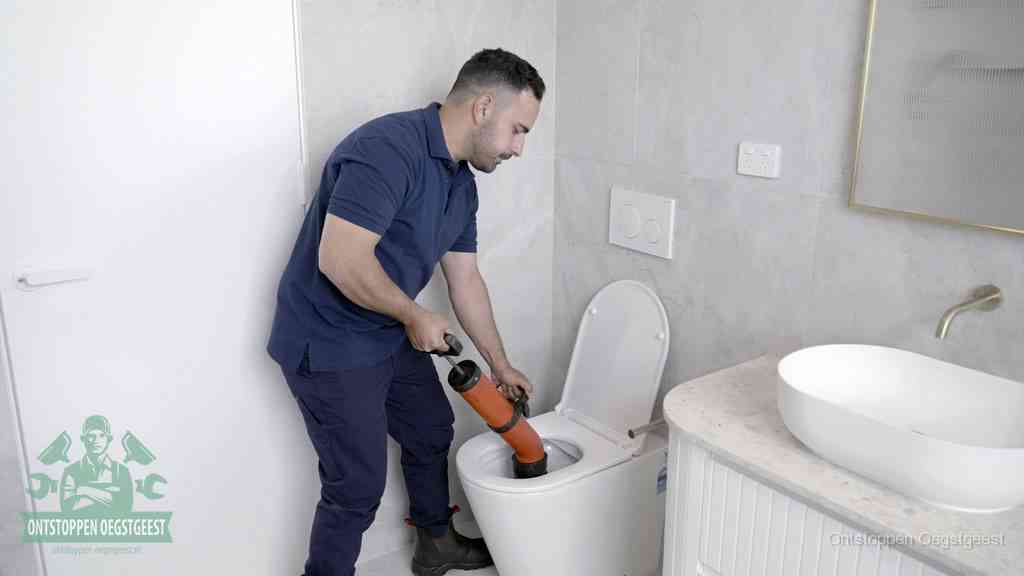 Een monteur gebruikt een handmatige perspomp (toiletontstopper) op een wandcloset tijdens het professioneel wc ontstoppen in Oegstgeest
